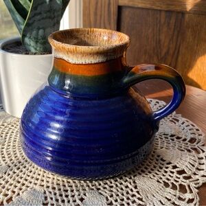 Vintage 1980’s Commuter Travel Mug Handcrafted Blue & Brown Ceramic EUC
